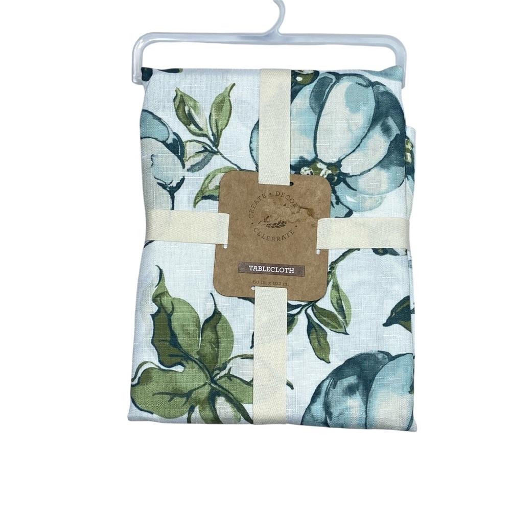 Fall Fabric Autumn Pumkin Tablecloth 60 in X 102 in White Green Blue Watercolor